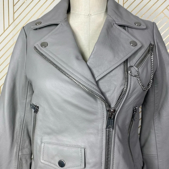 MAJE Bassung Belted Leather Motorcycle Jacket Gray - Picture 4 of 12